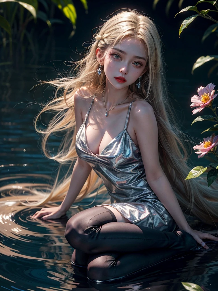 WLOP detailed beautiful face and eyes, rouge at the outer corner of the eye, lipstick, 1 girl ,sundress,(((fullbody,looking at viewer))),(zettai_ryoiki),blonde wavy long hair precious hair ornament,glowing flowers creeping up neck, ear piercing with chain,  e-cup chests,slender body,collarbone, close shot, oil painting, 