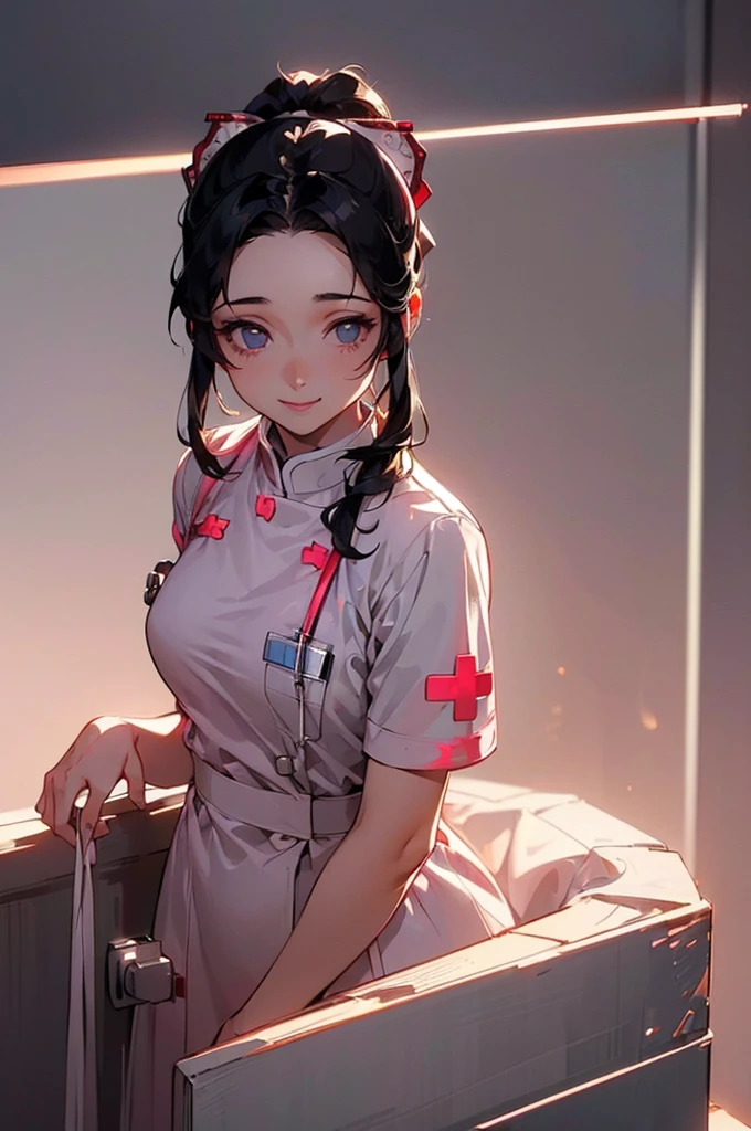 (((beautiful))), (((nurse, nurse))), ((Black Hair, ponytail, ribbon)), One Woman, Small breasts, Glowing Skin, (((Intricate details))), High resolution, ((Intricate details, Ultra-detailed)), whole body, Are standing, looking at the camera, Red cheeks, smile, hospital,
