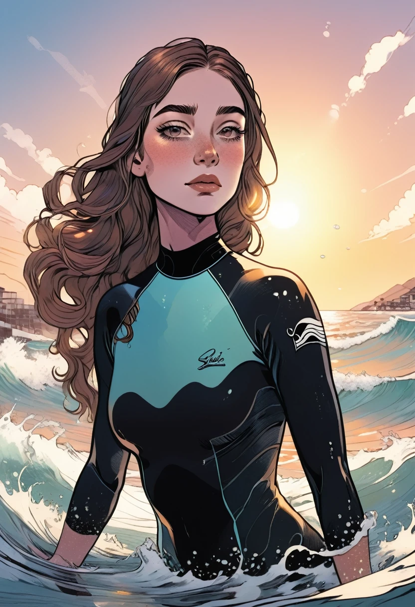 Girl surfing in the sea、Wetsuits、Brown Hair、ponytail、Sunburned skin、Beautiful and detailed eyes、Beautiful and detailed lips、Extremely detailed eyes and face、Long eyelashes、Athlete female body、Dynamic pose、waves of the ocean、Bubbling water、Sun glare、Golden Hour Lighting、Warm color palette、Cinematic composition、