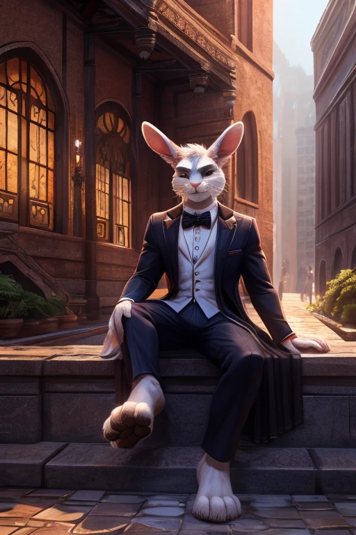 Barefoot furry character, full body, solo, furry male, vivid colors, cinematic.
Free-spirited white fur rabbit aristocrat wearing a formal patterned 3 piece suit, a pocket watch dangling from his coat pocket, he sits on the ledge of a central fountain, surrounded by buildings. This rabbit represents social prowess and charisma. Evil smile, blue iris of eyes, arrogant, grumpy. He is situated in a courtyard. Nice big feet paws.
BREAK, detailed background, 8K, (masterpiece:1.5), intricate details, highly detailed, extreme detail, octane render, Professional Photography, fine art, best quality, highres, (detailed face:1.5), ((full_body)), UHD, (((perfect hands))), low light:1.2