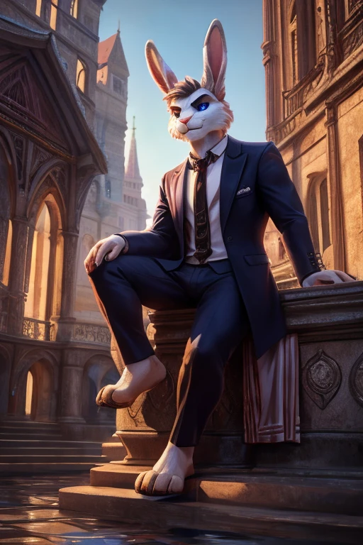 Barefoot furry character, full body, solo, furry male, vivid colors, cinematic.
Free-spirited white fur rabbit aristocrat wearing a formal patterned 3 piece suit, a pocket watch dangling from his coat pocket, he sits on the ledge of a central fountain, surrounded by buildings. This rabbit represents social prowess and charisma. Evil smile, blue iris of eyes, arrogant, grumpy. He is situated in a courtyard. Nice big feet paws.
BREAK, detailed background, 8K, (masterpiece:1.5), intricate details, highly detailed, extreme detail, octane render, Professional Photography, fine art, best quality, highres, (detailed face:1.5), ((full_body)), UHD, (((perfect hands))), low light:1.2