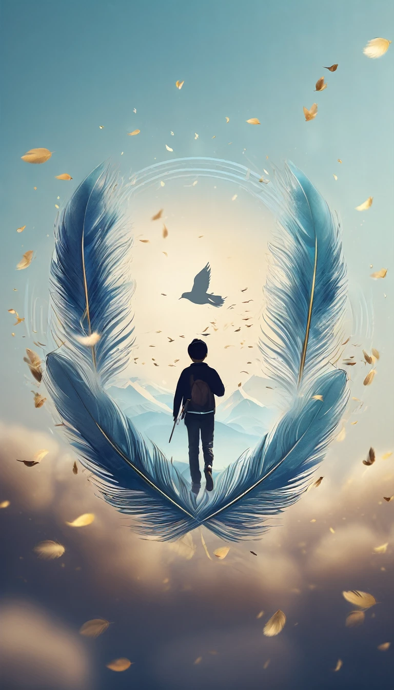 Create a professional, fantastic, cinematic dream-like logo design for a brand about music, stories, fantasy, memories and dreams called " Penamemoria". Masterpiece, 4k, sharp focus, highest quality,wide shot. The title is " Penamemoria". Is a brand about the creative, unique creative journey of a boy and a feather of memories. Minimalistic, simple, poetic, dreamy logo design at the center of the image. The Background image is a world full of feathers, unique birds, light blue sky, soft white and golden. Logo design of a unique, creative, masterpiece feather of memories