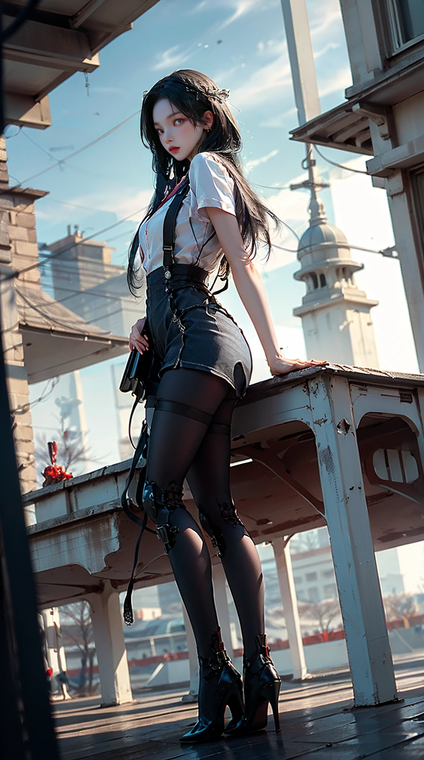 masterpiece,best quality,high resolution, 1 girl,from below,(매우 얇고 straight legs),,(매우 long legs,straight legs),,high heel,long legs,stand on all fours, 정면에서 보면 long legs, perfect body,with perfect legs,(Exterior),Telegraph slang,dynamic pose,1 girl,Exquisite eyes,brown eyes,eye shadow,to put on make up,long gray hair, detailed face, detailed eyes, looking at viewer, blusher\(to put on make up\), plump lips, red lip,(long gray hair:1.3), (stand on all fours)Mechanically static,Summon Mech,(headdress:1.1),headgear,((((school shirt,ultra shorts)))),(black lace stockings,stocking suspenders),city,Luminous winding,With a gun in my hand,weapon,,Completely mechanical and futuristic elements,technology,The background is downtown New York,distance, sky sky, ,1(slim:1.2),dramatic lighting,vivid details,
