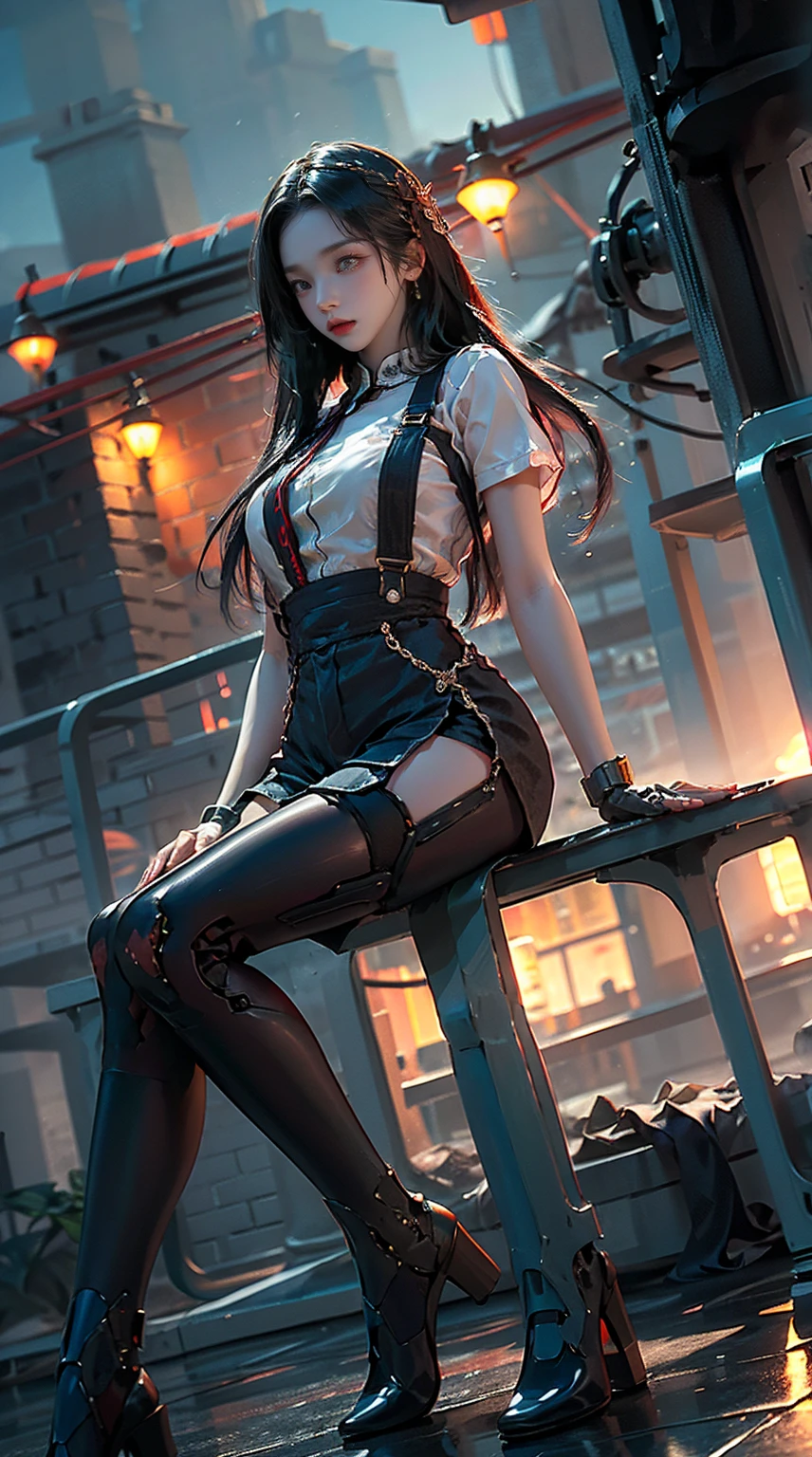 masterpiece,best quality,high resolution, 1 girl,from below,(매우 얇고 straight legs),,(매우 long legs,straight legs),,high heel,long legs,stand on all fours, 정면에서 보면 long legs, perfect body,with perfect legs,(Exterior),Telegraph slang,dynamic pose,1 girl,Exquisite eyes,brown eyes,eye shadow,to put on make up,long gray hair, detailed face, detailed eyes, looking at viewer, blusher\(to put on make up\), plump lips, red lip,(long gray hair:1.3), (stand on all fours)Mechanically static,Summon Mech,(headdress:1.1),headgear,((((school shirt,ultra shorts)))),(black lace stockings,stocking suspenders),city,Luminous winding,With a gun in my hand,weapon,,Completely mechanical and futuristic elements,technology,The background is downtown New York,distance, sky sky, ,1(slim:1.2),dramatic lighting,vivid details,