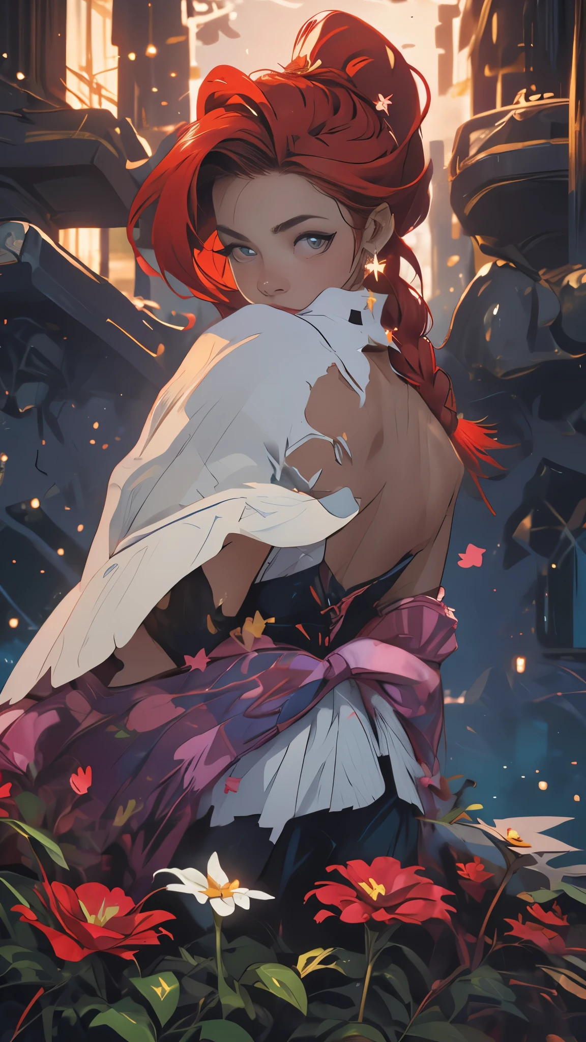 Master Part、gorgeous、landscape、(((phi_humans)))、evening、flower、garden、Starry Sky、constellation、wonderful、Red hair、Pigtails、Braid、White Dress、Dynamic Model Poses、Overlooking、water、warm、comfortable、magic、magic、particle、beautiful、光のparticle