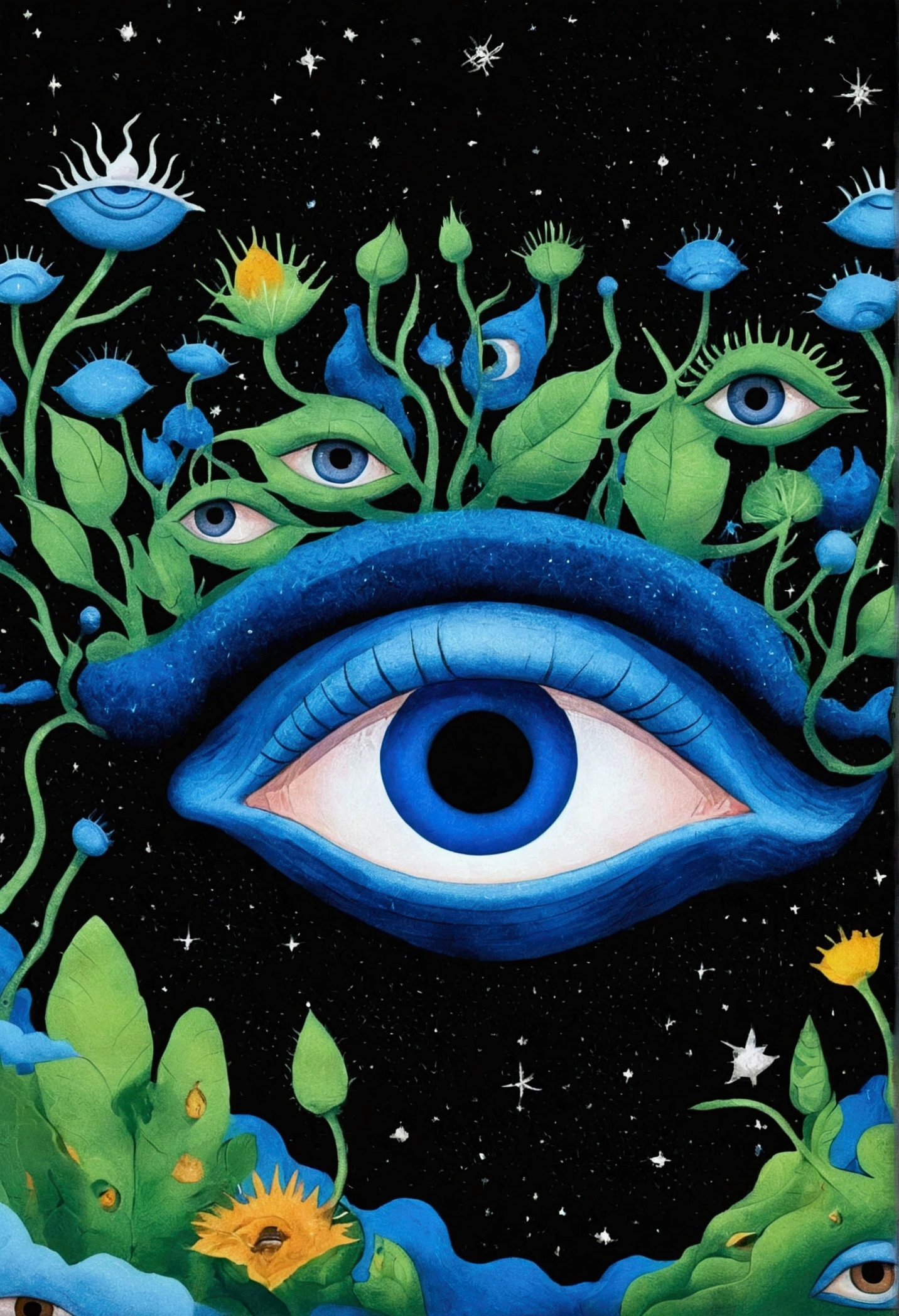 Psychedelic Art。plant、Marine Life、(((Charming eyes,The Third Eye)))、cloud、Starry Sky,galaxy、planet、Stitching together an abstract painting,Describing the inner world of autistic people,Sense of space,blank,White space,Pointillism method,Childish lines,Klein blue,assimilate into(van gogh)Art style,Colorful black