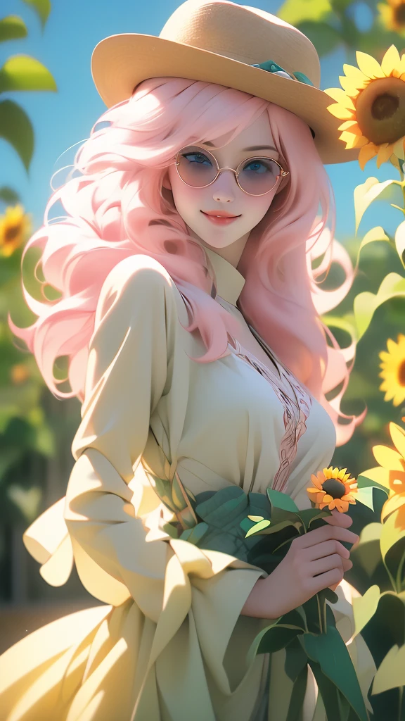 a woman smiling in sunglasses holding sunflower in hand and making eyes, 1girl, solo, sunflower, hat, flower, blurry background, holding flower, realistic, blurry, hair, long hair, looking at viewer,(risheirmgardweitzner,pink_hair,aqua_eyes,:1.2),
