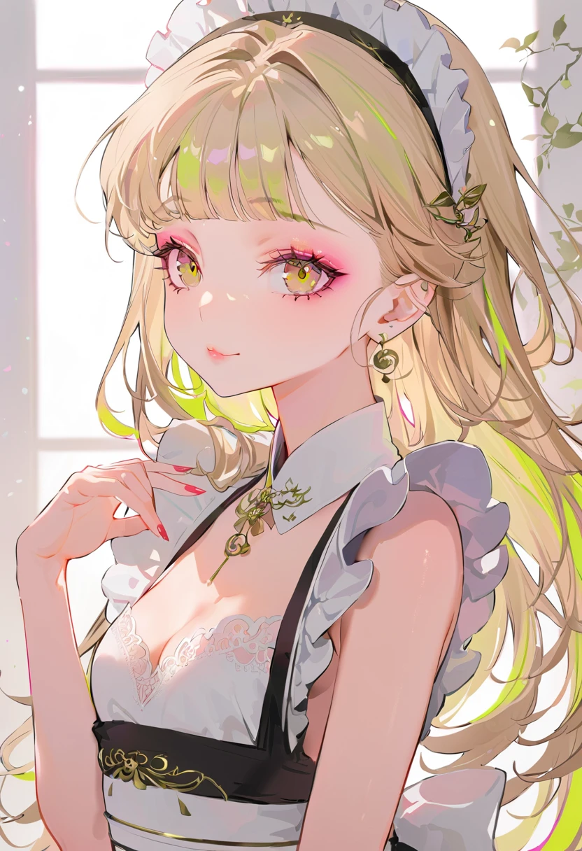 (Maid:1.5),(Highest quality,Very detailed,High resolution:1.2),Beautiful girl with a perfect face,very_Long eyelashes, Detailed lips, A radiant smile, Soft Skin, Shiny Hair,Vibrant Background, Natural light,The cutest girl in the world,Exquisite makeup,Pouting, Long Hair, Pink and gold, (Highlighted Hair: 1.6), (Small breasts:0.4), naked, Five fingers, Frilled headdress, naked, Knee-high stockings, 上半身はnaked、