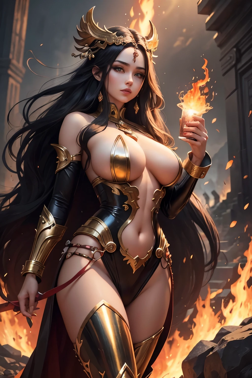 sexy goddess of fire, big tits, long fire hair, shiny metal suit, long metal boots, fire around, epic, aesthetic, temple of fire, epic masterpiece, high detailed image, artwork