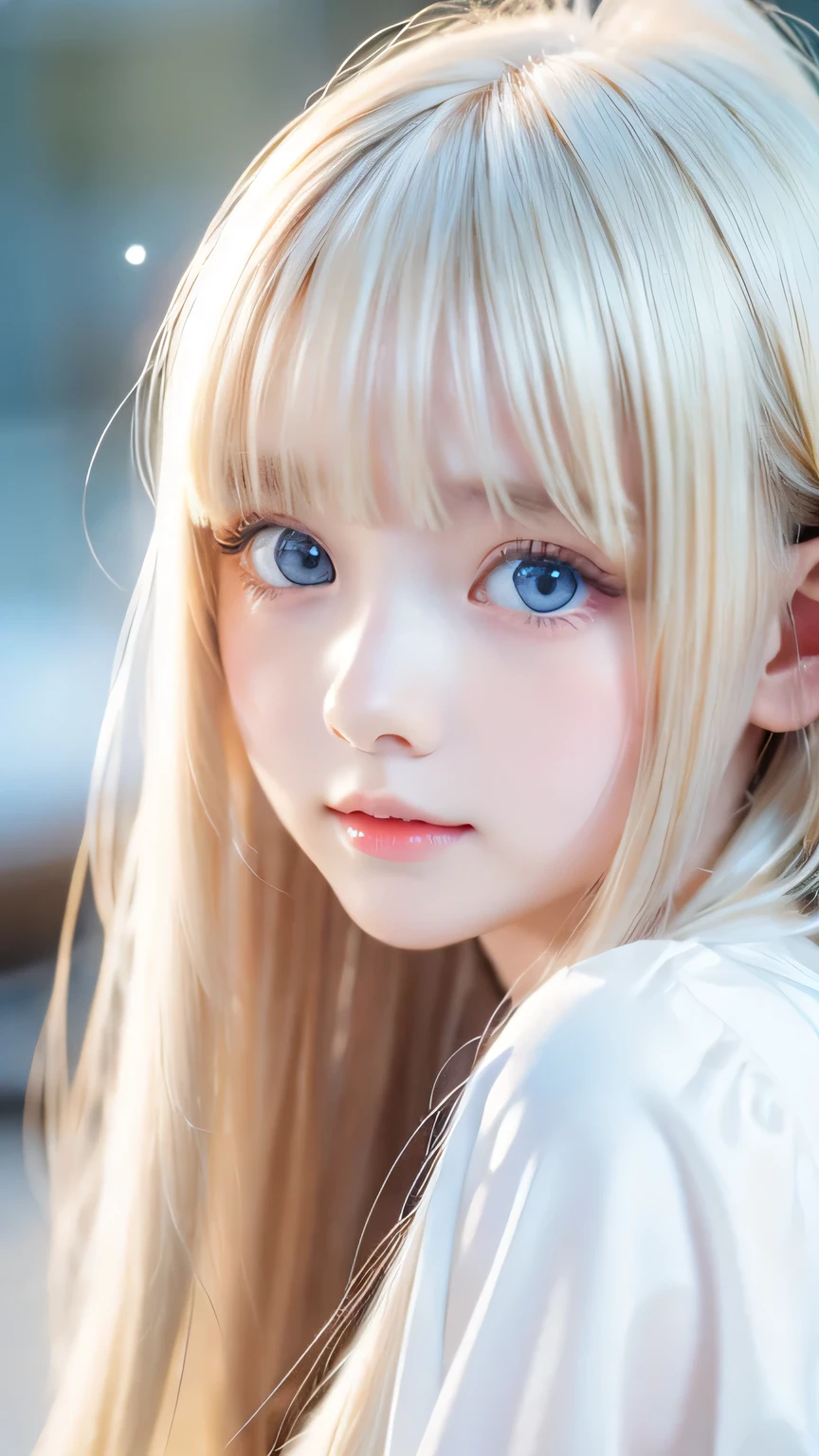 Very beautiful face、Long bangs flowing in front of the face、Beautiful pale light blue eyes hidden by her bangs、Very cute beautiful face and very radiant skin、Bangs between the eyes、snow-white beautiful skin、very beautiful pale light blue eyes,、Beautiful very long straight silky pale golden shiny natural platinum blonde hair、Cute 14 year old blonde beauty、Round face、Such a cute little face、Bright expression、Big eyes and well-defined double eyelids、eyeliner、