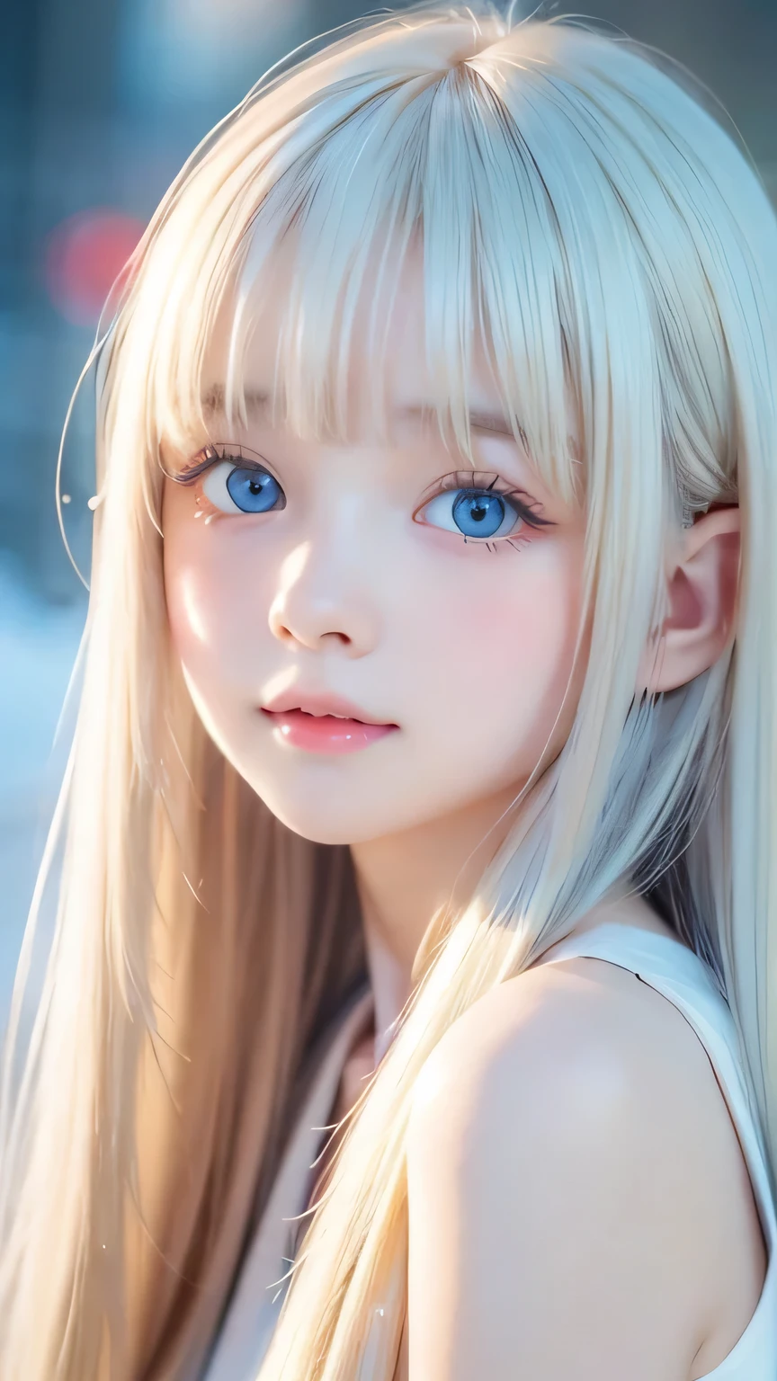 Very beautiful face、Long bangs flowing in front of the face、Beautiful pale light blue eyes hidden by her bangs、Very cute beautiful face and very radiant skin、Bangs between the eyes、snow-white beautiful skin、very beautiful pale light blue eyes,、Beautiful very long straight silky pale golden shiny natural platinum blonde hair、Cute 14 year old blonde beauty、Round face、Such a cute little face、Bright expression、Big eyes and well-defined double eyelids、eyeliner、