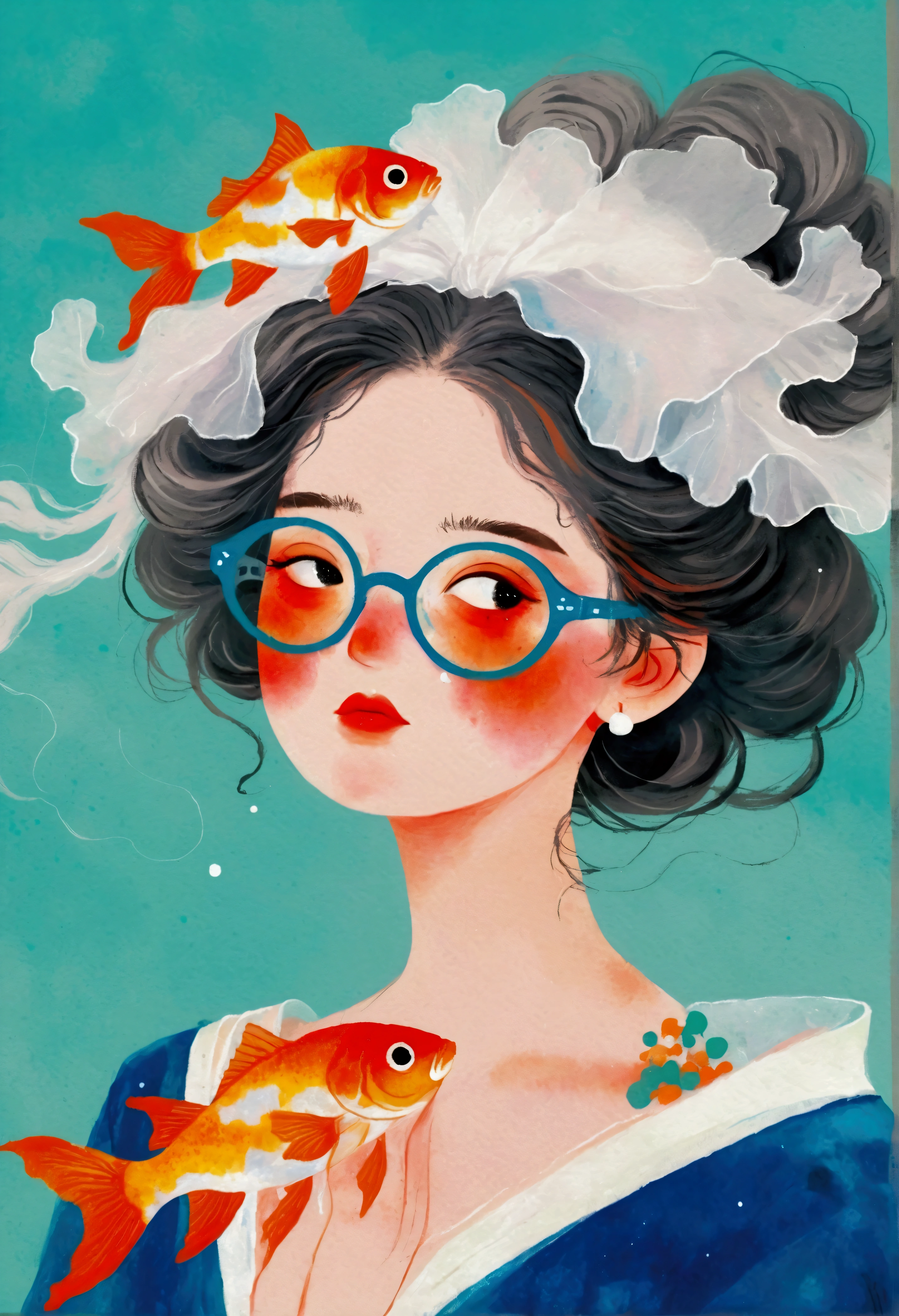 Painting of a woman with goldfish in her hair、Jin Nong&#39;s Surrealism、Gray Hair、White、Red glasses、Dynamic pose、Pop Surrealism、Color illustrations、Beautiful artistic illustrations、Colorful illustration、Pop Surrealismアートスタイル、Digital illustration style、Fantasy Illustration、Illustration art、Magical Surrealism、デジタルFantasy Illustration、Pop Surrealismローブローアートスタイル