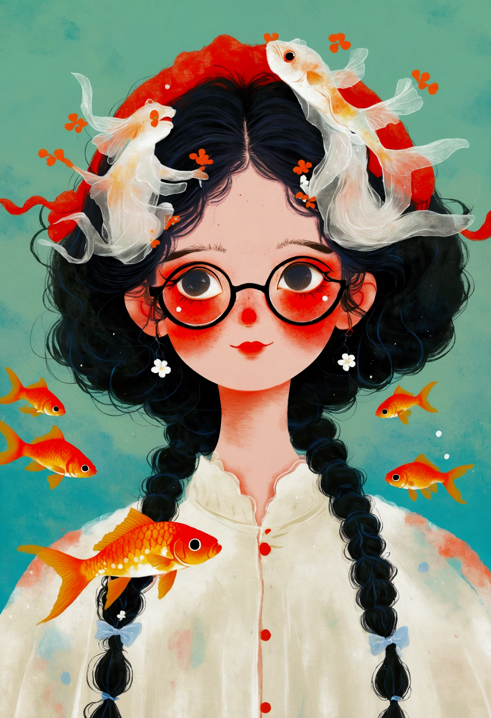 Painting of a woman with goldfish in her hair、Jin Nong&#39;s Surrealism、Gray Hair、White、Red glasses、Dynamic pose、Pop Surrealism、Color illustrations、Beautiful artistic illustrations、Colorful illustration、Pop Surrealismアートスタイル、Digital illustration style、Fantasy Illustration、Illustration art、Magical Surrealism、デジタルFantasy Illustration、Pop Surrealismローブローアートスタイル