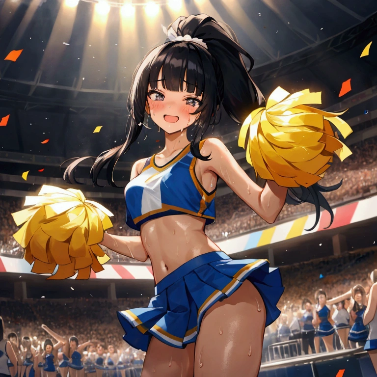 (masterpiece, Highest quality), Lots of girls, alone, Black Hair, Long Hair, Straight hair, blunt end, High Ponytail, Blunt bangs, Iris, Medium chest, Toned Up, Stadium, Cheerleader, pom-pom \(cheer leading\), Happy, Open your mouth, smile, Sweat, Sweatdrop, flying Sweatdrops, Sweaty clothes, Glowing Skin, Shiny Hair, audience, Confetti