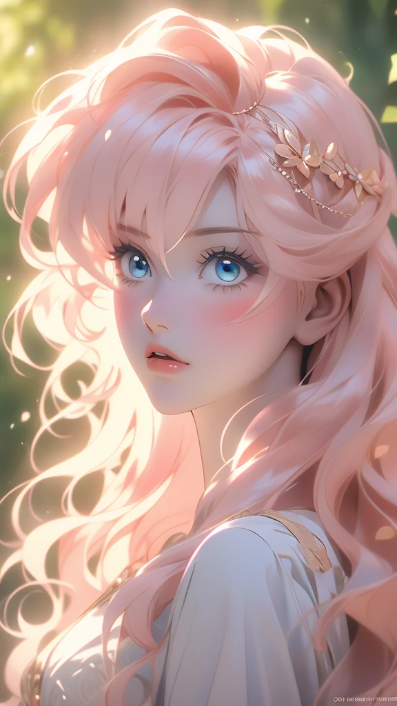 a close up of a beautiful woman with flowers on her head and her lips are blurred out, 1girl, solo, dappled sunlight, flower, parted lips, sunlight, portrait,rishe,Rishe, bright skin, long light pink hair, blue eyes, light skin, side locks, bangs, hair between eyes, long light pink wavy hair and beautiful blue eyes,