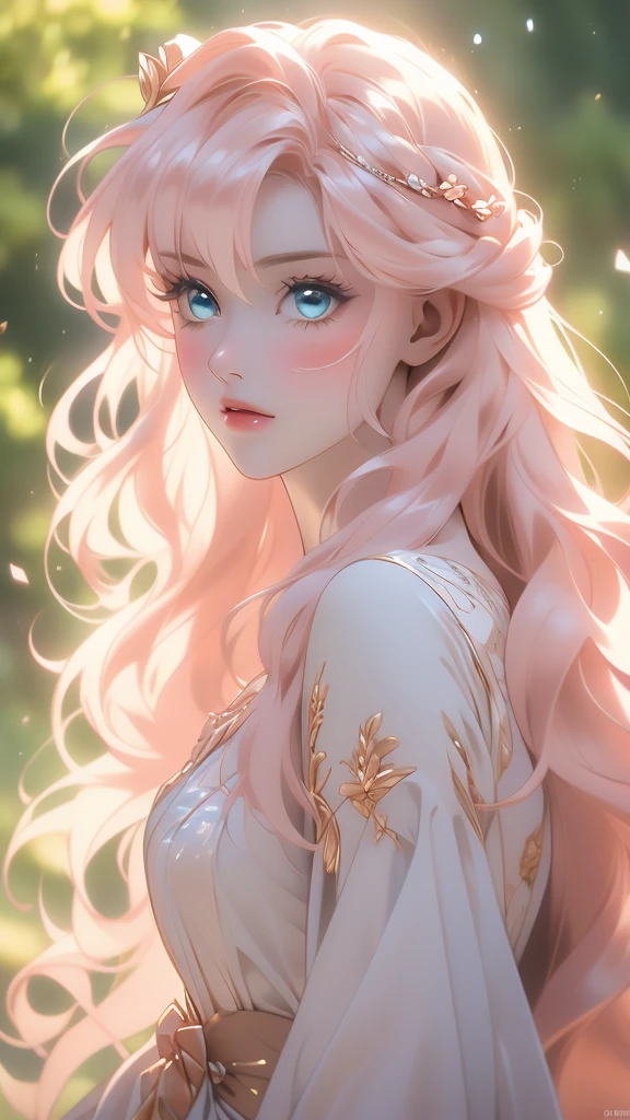 a close up of a beautiful woman with flowers on her head and her lips are blurred out, 1girl, solo, dappled sunlight, flower, parted lips, sunlight, portrait,rishe,Rishe, bright skin, long light pink hair, blue eyes, light skin, side locks, bangs, hair between eyes, long light pink wavy hair and beautiful blue eyes,