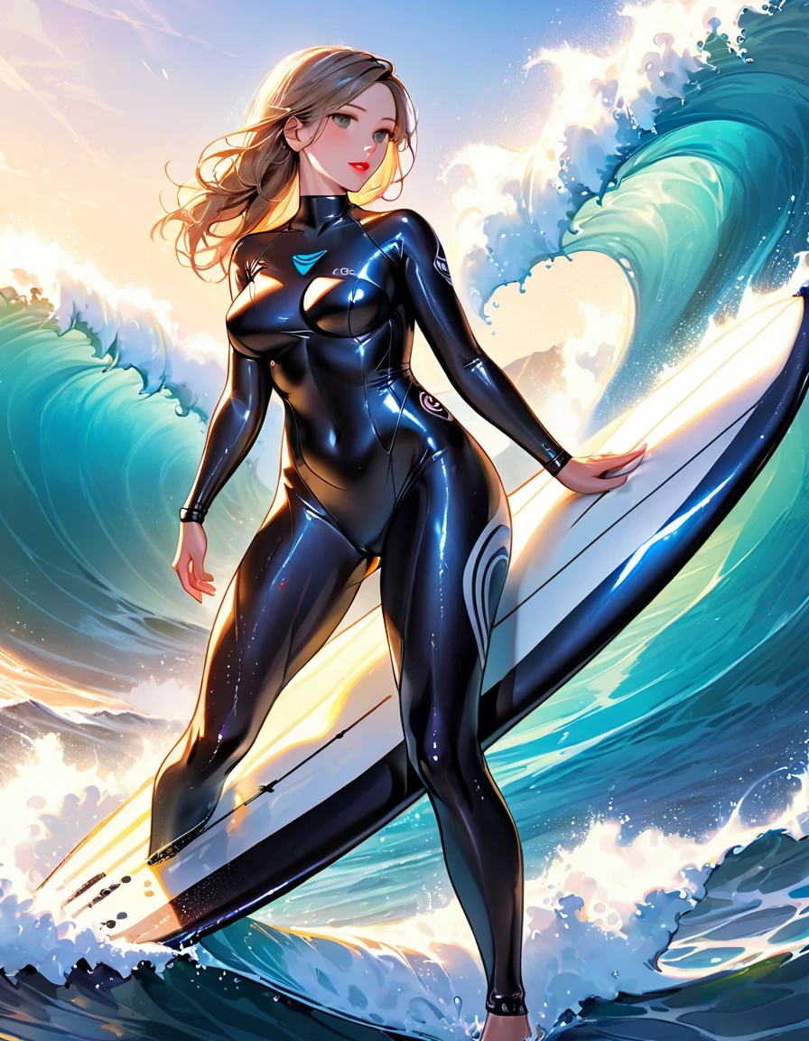 Mature beautiful woman,(Highest quality,Extremely detailed depiction,Incredibly absurd high resolution,Anatomically accurate depiction,Curvy Legs),(Glowing Skin,Shiny skin,Oilskin,Wet body),Surfer on a surfboard,wetsuit,latex,surfing,There is cleavage in the chest,Glossy lipstick,Sweat,Ocean,background:Giant Wave