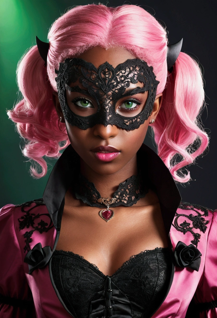 ((Artwork, high quality)), (20-year-old girl), (black skin), (green eyes), (pink hair), (wearing a vampire costume), (masked face).



