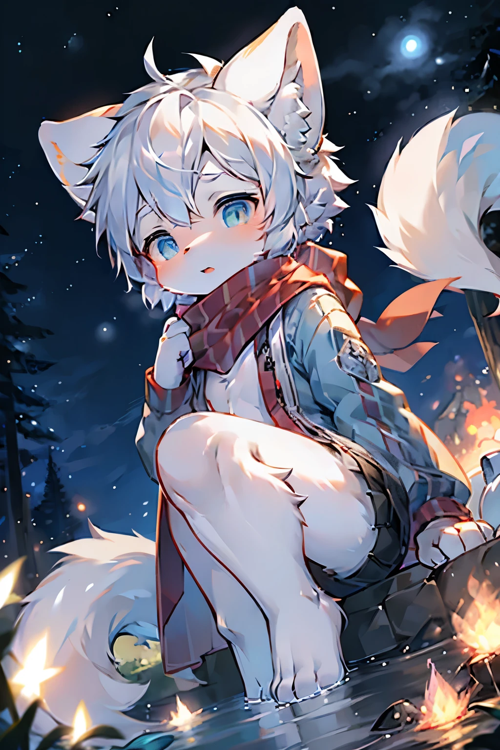 Arctic Fox Girl，Furry girls，Characteristics of female infants and young children，White hair，Double braids，White skin，White Arm，front，scarf，Short skirt，Snowfield background，camping，Northern Lights