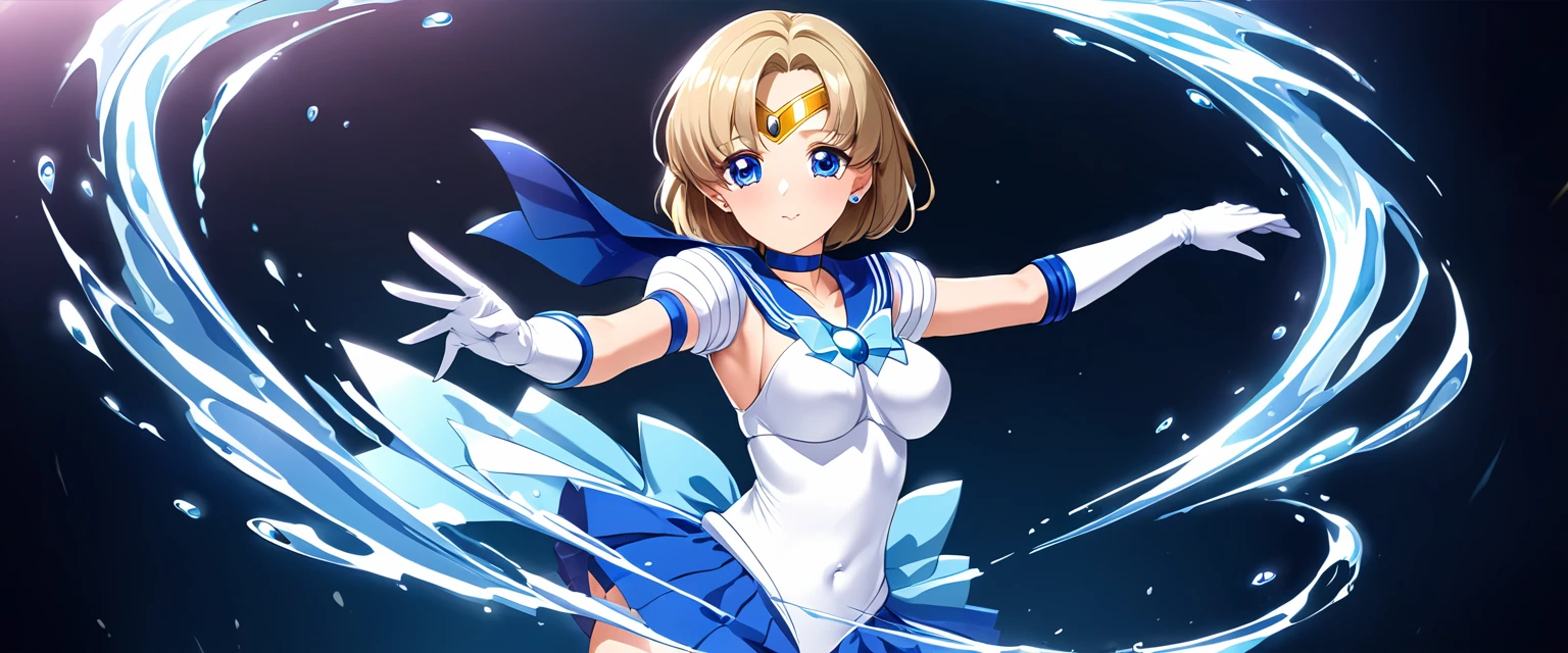 (Perfect Anatomy)、Mastepiece、Ultra High Quality、 8k、masterpiece、Highest quality、Ultra-high resolution、Maximum resolution、Very detailed、Professional Lighting、anime、woman、thin、Very beautiful face、Very beautiful eyes、(Highly detailed eye)、Highly detailed face、Sailor Mercury、tiara、Sailor Warrior Uniform、Blue Skirt、Blue sailor collar、Knee Boots、choker、White gloves、blue choker、jewelry、Earrings、White leotard、Pleated skirt, gloves, “The water gushing from the magical spring glows with a mysterious shine and holds the power to distort even time.”