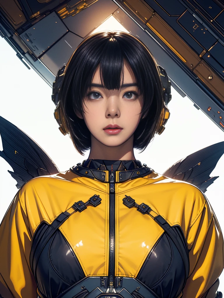 A stunning, thunder-yellow-jacketed girl with a tight, futuristic suit and a Space Helm of the 1960s adorns a post-apocalyptic landscape. Her eyes gleam like stars in Fantastic Surrealism-inspired digital painting. A majestic dragon swims beneath her, donning a futuristically designed underwater helm. She turns towards the camera, her beautiful face and intricate details captivating on a crisp white background. The illustration blends Kemono's mystique with Greg Rutkowski's attention to detail.