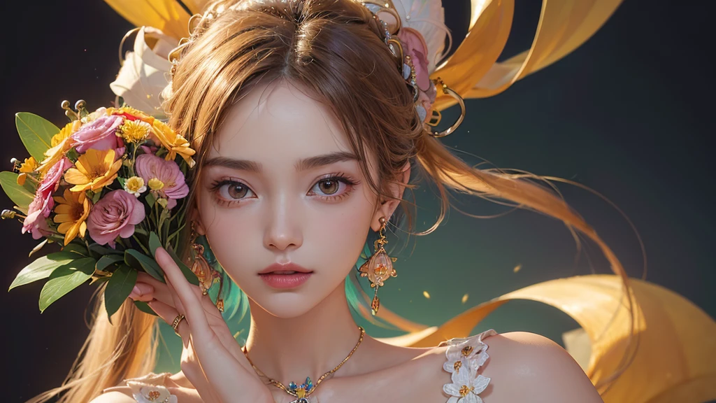 32K, 最高quality, 最高masterpiece, (ultra-Detailed Background, Detailed Background), High resolution, Super detailed, Very detailedな, One girl, (bouquet:1.3), (Tangled:1.2), (Geometric:1.2),(colorful),(masterpiece, quality, best quality, Official Art, Beautiful and beautiful:1.2), (1 girl:1.3), Very detailed,(colorful:1.1)(Flowers:1.3),Most detailed,(Tangled:1.2), whole body, (Abstract background:1.3), (Skin glows), (Many colors:1.4), ,(Earrings Jewelry:1.5), Pale Orange Background,