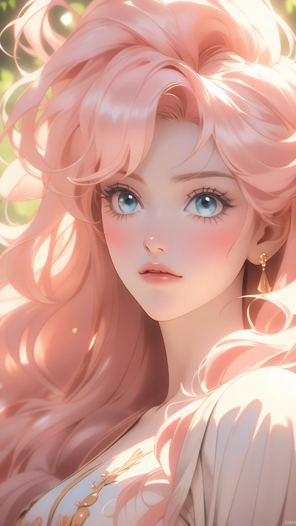 a close up of a beautiful woman with flowers on her head and her lips are blurred out, 1girl, solo, dappled sunlight, flower, parted lips, sunlight, portrait,rishe,Rishe, bright skin, long light pink hair, blue eyes, light skin, side locks, bangs, hair between eyes, long light pink wavy hair and beautiful blue eyes,