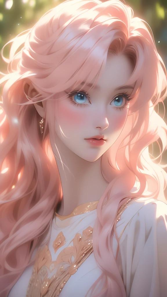 a close up of a beautiful woman with flowers on her head and her lips are blurred out, 1girl, solo, dappled sunlight, flower, parted lips, sunlight, portrait,rishe,Rishe, bright skin, long light pink hair, blue eyes, light skin, side locks, bangs, hair between eyes, long light pink wavy hair and beautiful blue eyes,