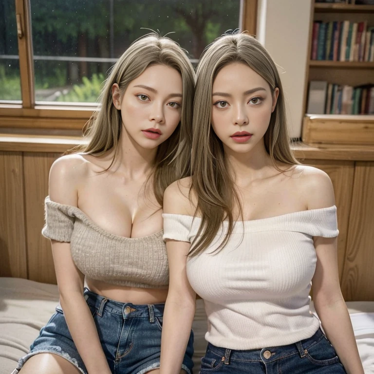 Highest quality,Ultra-high resolution, (Realistic:1.4), RAW Photos, 32K Portrait, Very detailed, Two Girls、ベッドにTwo Girls、Leaning forward、Huge breasts、Cleavage、The two look at each other、Super big 、Off-the-shoulder knit、Shorts Jeans