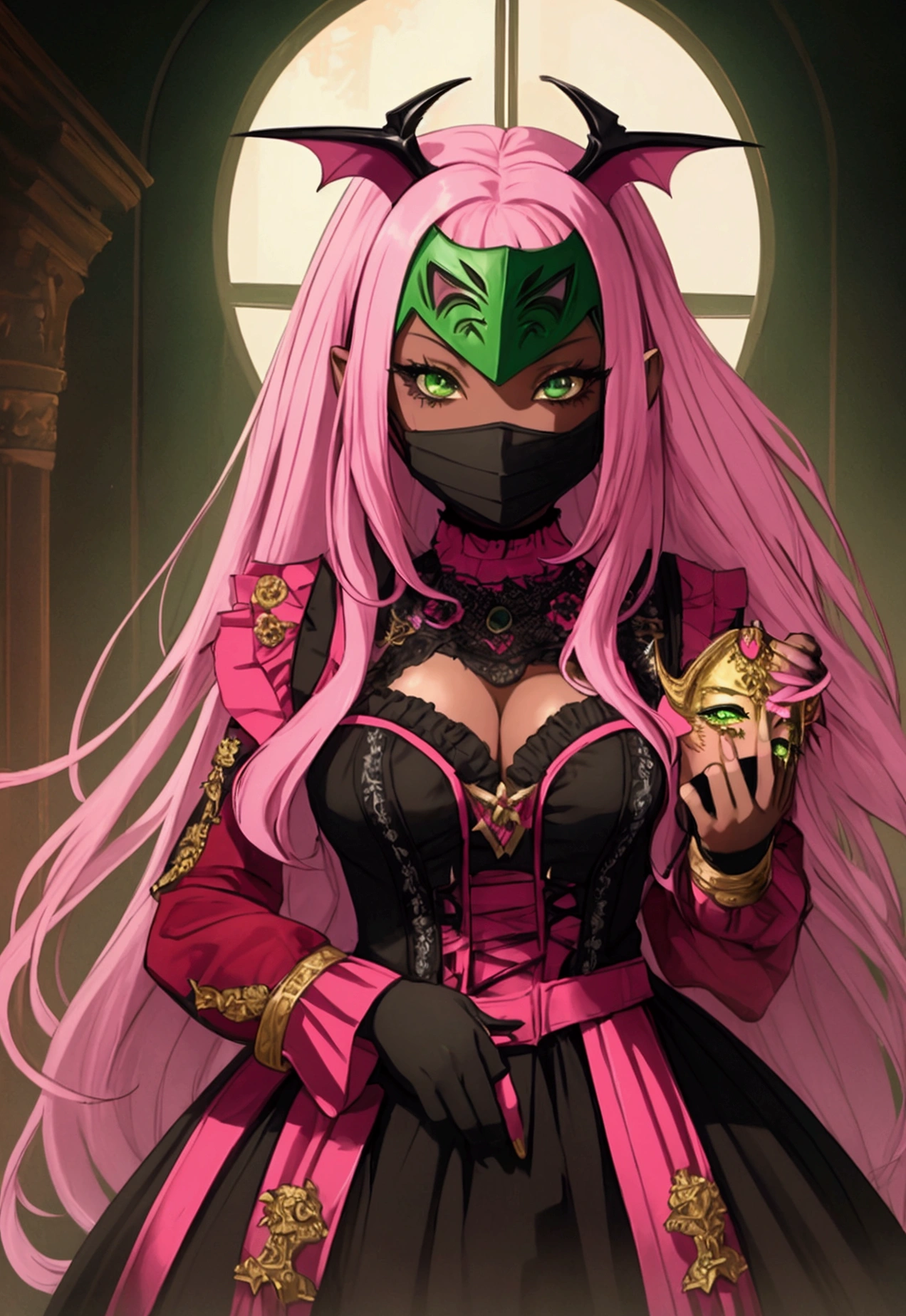 ((Artwork, high quality)), (20-year-old girl), (black skin), (green eyes), (pink hair), (wearing a vampire costume), (wearing a mask that matches the costume).



