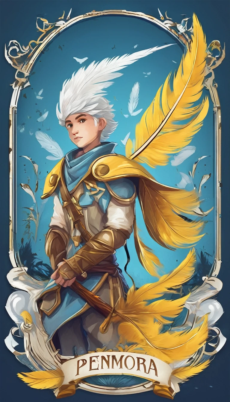 Create a minimalistic, simple, fantastic, easy to understand, logo design of a boy and a feather for an upcoming Fantasy Role Playing Game called " Penamemoria". The game is about a world full of bird and feathers. A boy enters that world and discovers his true artistic identity. Create a logo design that transmits the essence of this videogame. It´s a fantasy game, with fantasy elements. Create the logo in the center and a fantasy theme as background. Use the colours light blue, white, yellow golden in the logo. The logo design must convey a sense of fantasy, dreams, memories and music. Must convey a feeling of being a true Dreamer
