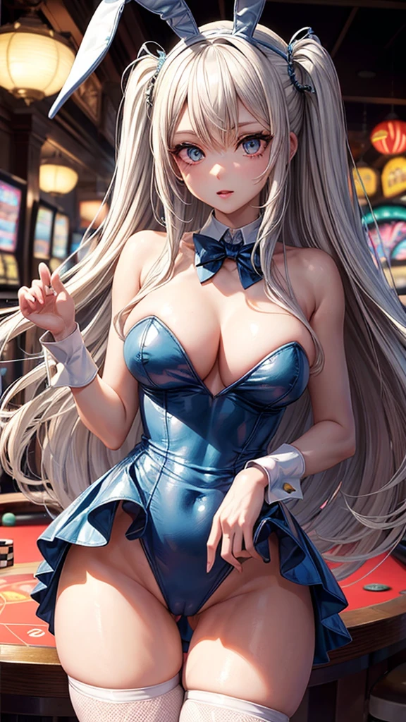 ((Best Quality)), (ultra-detailliert), ((Extremely detailed)), (Beautiful), ((Kawaii Girl)),(two side up hair)、((masutepiece)), ((Platinum Blonde Hair)), Long hair, hair between eye, Wavy Hair, Long sideburns, Jade-colored eyes, White skin, Colossal tits、(Rabbit ears), Slender body, ((Blue Playboy bunny)), Fishnet tights, High heels , ((Casino)), Standing, One Woman, Anime