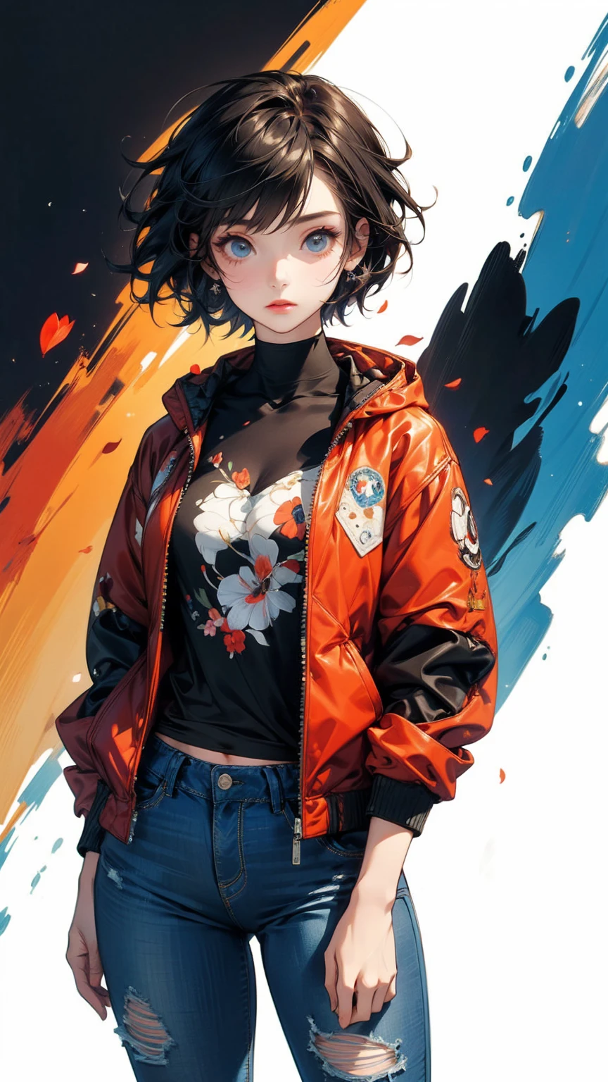 Focus on the upper body, 20-year-old woman, Asymmetrical short hair, Hands in pockets, Jacket and skinny jeans combination:1.2, Petal Collage, abstract design, artistic juxtapositions, warm color, mixed-media approach, Anime Style, Digital Painting, (masterpiece, High resolution, Highest quality)