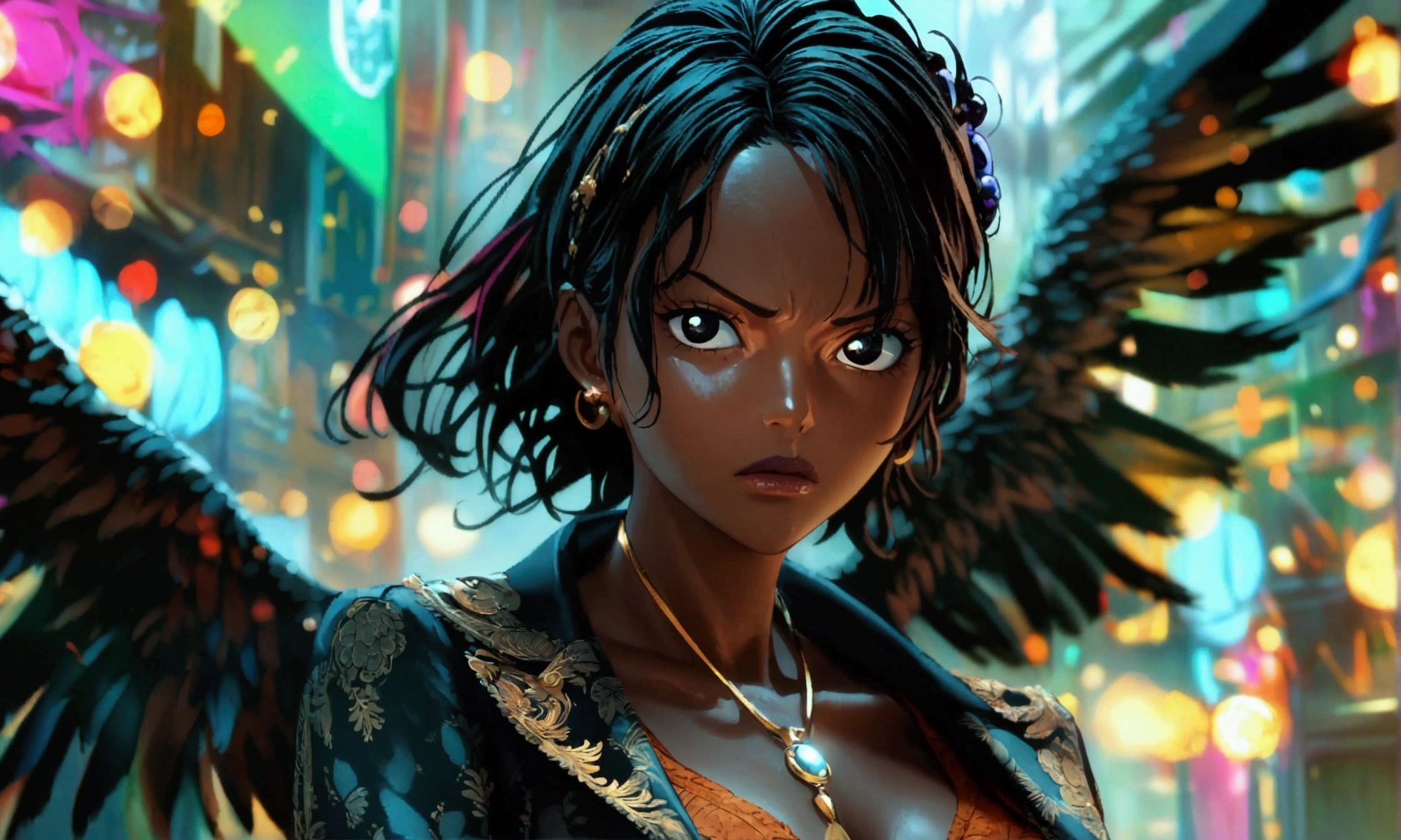 Female, black skin, black eye, black wings on the back, wearing a stylish blazer, serious expression, blurred scenery of bright moon, "Anime character design inspired by One Piece, full of dramatic and impressive lighting, focus on the centralized character, impressive face, full of creative details, 4K ultra-fine design, scenery bathed in creativity, boasting 2D anime resolution clarity, HD anime graphics, high-octane rendering"