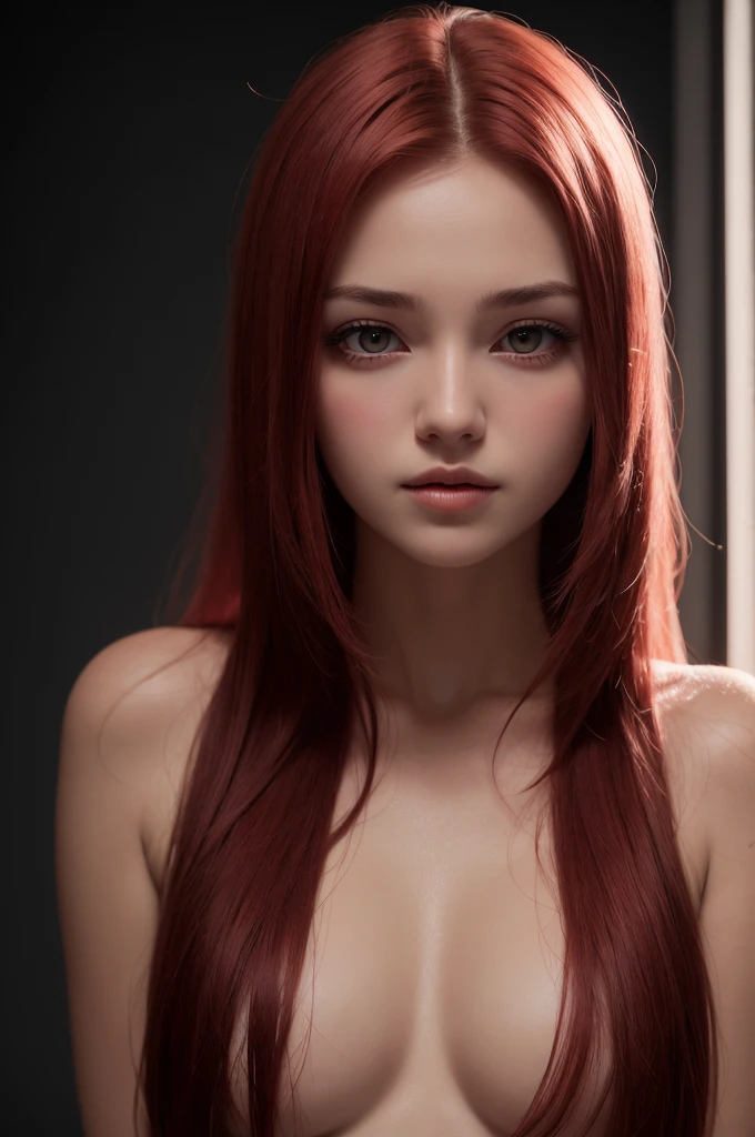 1girl, star eye, blush, perfect lighting, red hair, Eyes red, engine unreal, side-lighting, face detailed, bangss, shining skin, simple background, darkness background, sexy look, nude, large pussy
