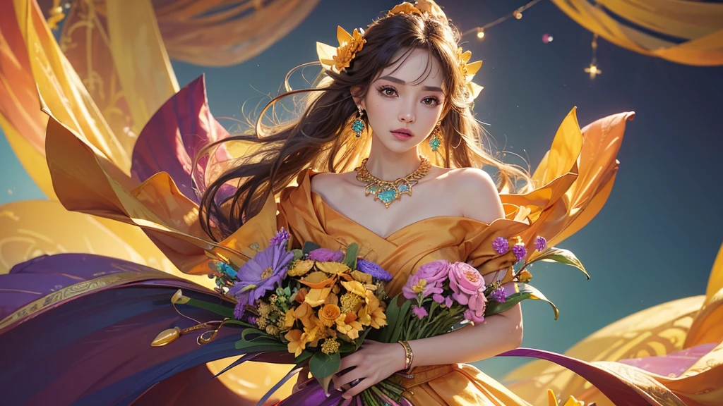 32K, 最高quality, 最高masterpiece, (ultra-Detailed Background, Detailed Background), High resolution, Super detailed, Very detailedな, One girl, (bouquet:1.3), (Tangled:1.2), (Geometric:1.2),(colorful),(masterpiece, quality, best quality, Official Art, Beautiful and beautiful:1.2), (1 girl:1.3), Very detailed,(colorful:1.1)(Flowers:1.3),Most detailed,(Tangled:1.2), whole body, (Abstract background:1.3), (Skin glows), (Many colors:1.4), ,(Earrings Jewelry:1.5), Pale Orange Background,