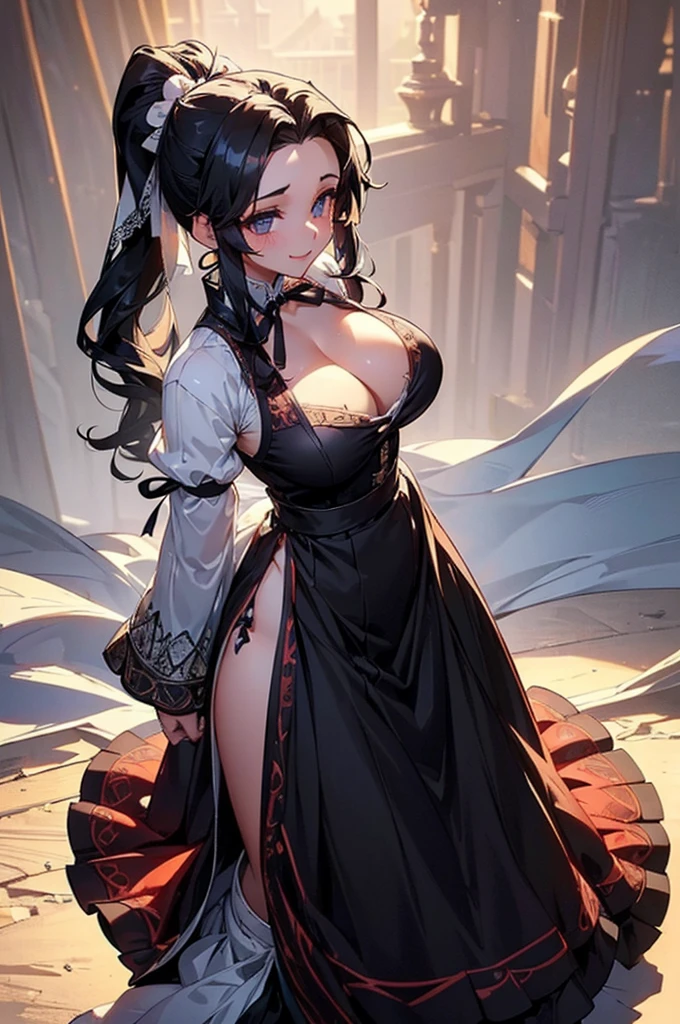 (((beautiful))), (((dress, Long skirt, slit))), ((Black Hair, ponytail, ribbon)), One Woman, Huge breasts, Cleavage, Sweat, Glowing Skin, (((Intricate details))), High resolution, ((Intricate details, Ultra-detailed)), whole body, Are standing, looking at the camera, Red cheeks, smile, coastal,