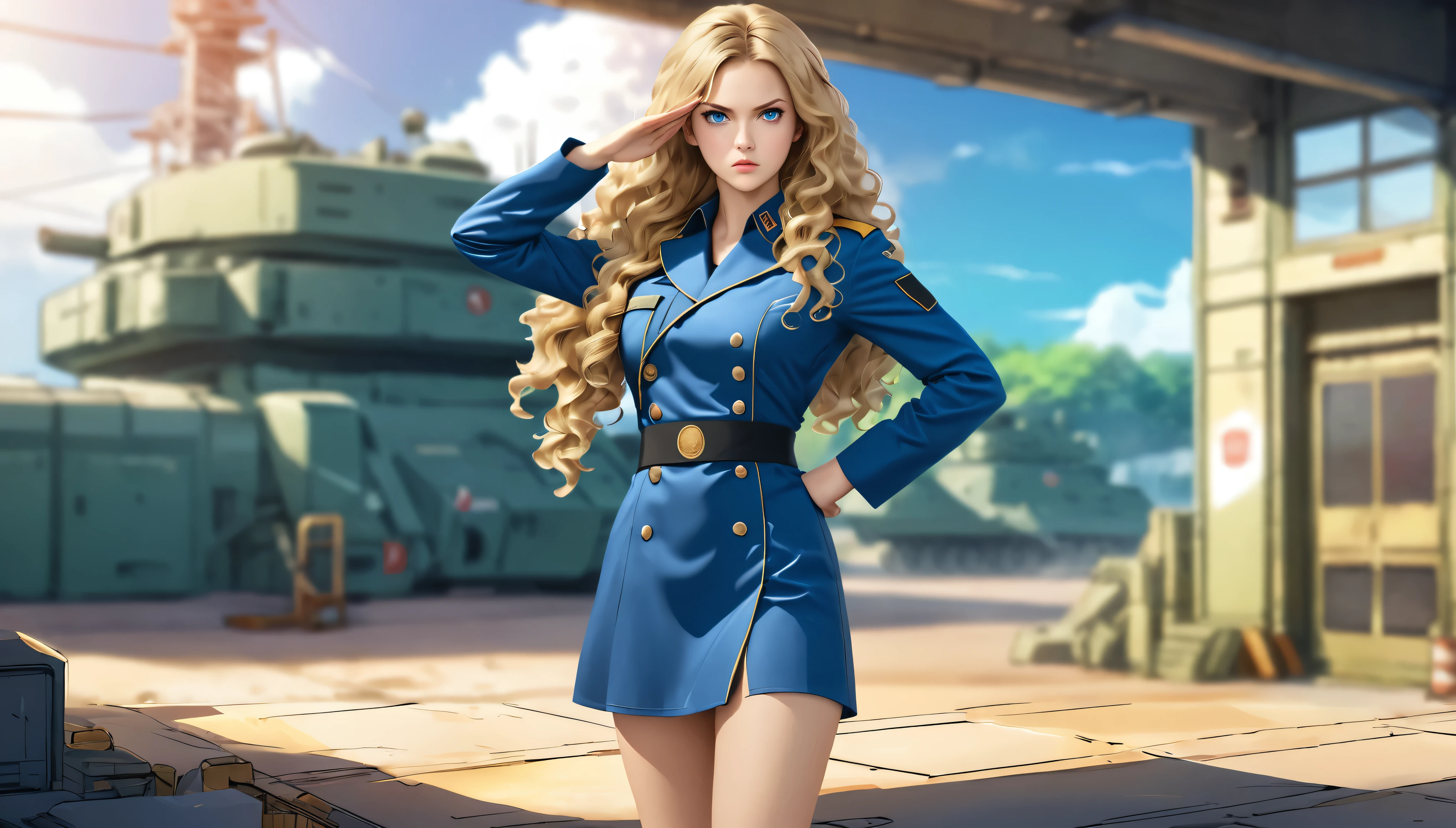 (young woman:1.4), (she wears a sexy militarydress:1.4), (full body shot:1.5), angry, (standing, salute:1.3), long blonde curly hair, (military base background:1.3), detailed skin texture, 24k resolution, highly detailed, (blue eyes:0.9), (natural front light:0.5)