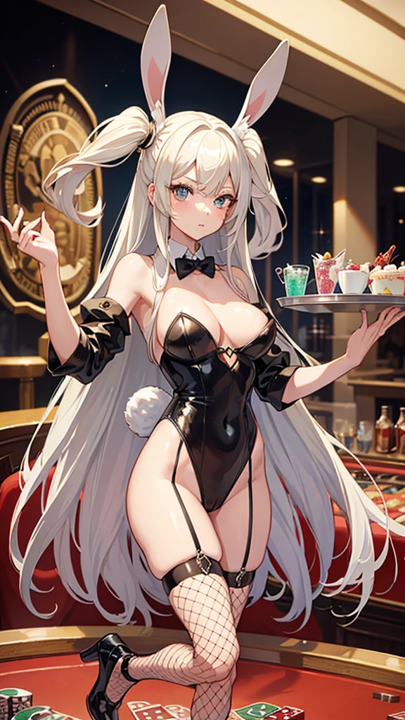 ((Best Quality)), (ultra-detailliert), ((Extremely detailed)), (Beautiful), ((Kawaii Girl)),(two side up hair)、((masutepiece)), ((Platinum Blonde Hair)), Long hair, hair between eye, Wavy Hair, Long sideburns, Jade-colored eyes, White skin, Colossal tits、(Rabbit ears), Slender body, ((Black Playboy bunny)), Fishnet tights, High heels , ((Casino)), Standing, One Woman, Anime