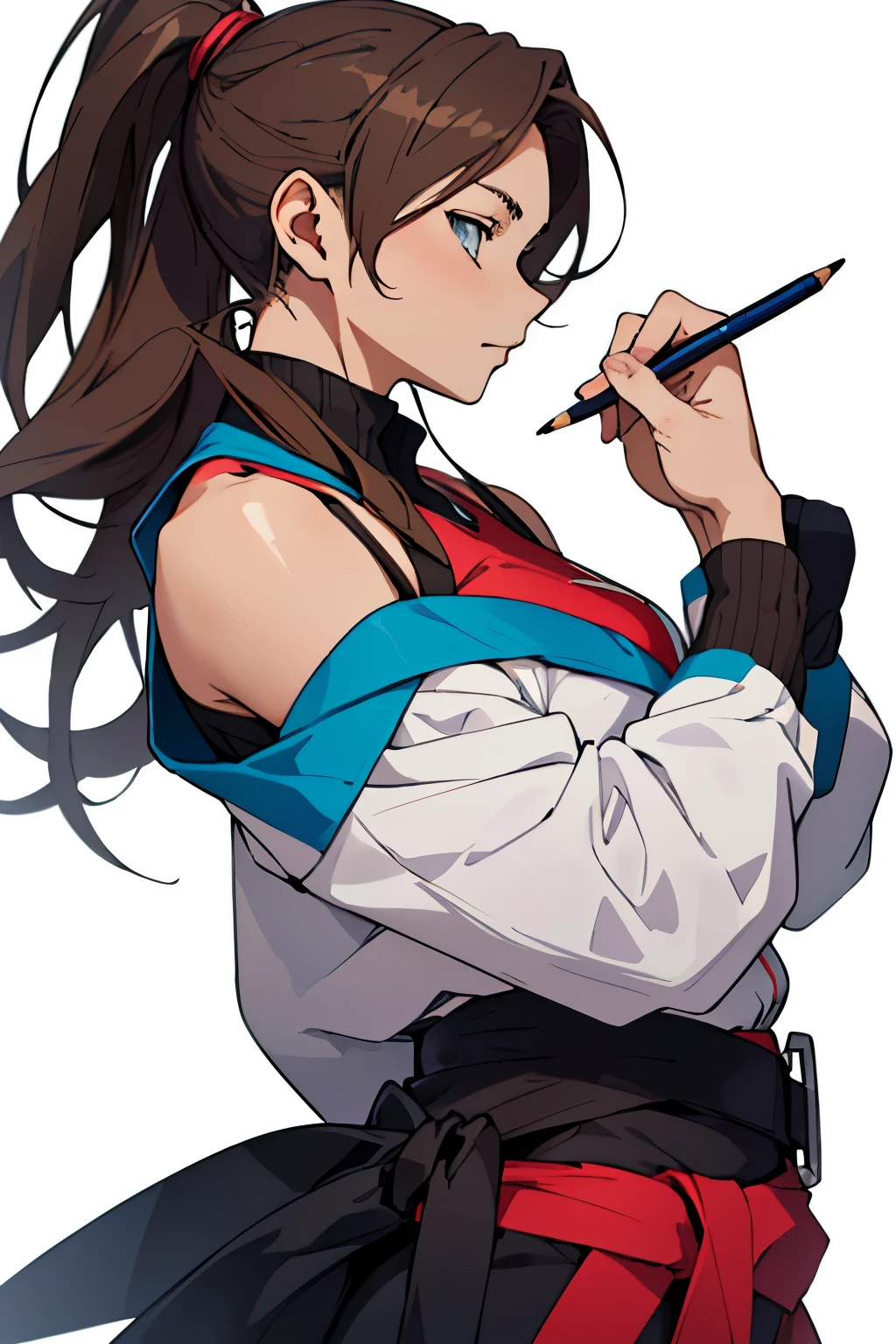 ((anime style)), (girl 20 years old), (Brown hair), (shoulder-length hair), (Blue eyes), (half-side view), (waist type), (notepad and pencil in hand), (White background), (HD quality)