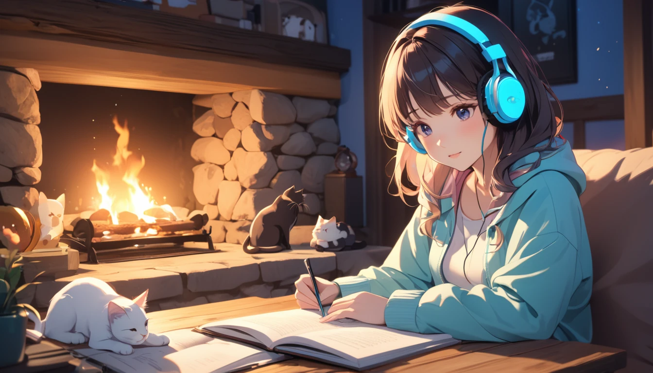 beautiful girl studying, in the cozy place, stone and wood, fireplace, listening music using headphone, with a cute cat, colourfull, 4k, blue ambience, night