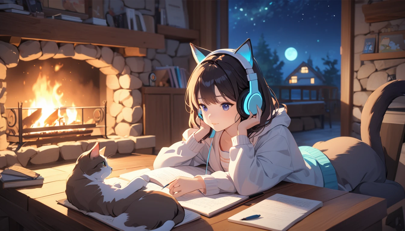 beautiful girl studying, in the cozy place, stone and wood, fireplace, listening music using headphone, with a cute cat, colourfull, 4k, blue ambience, night