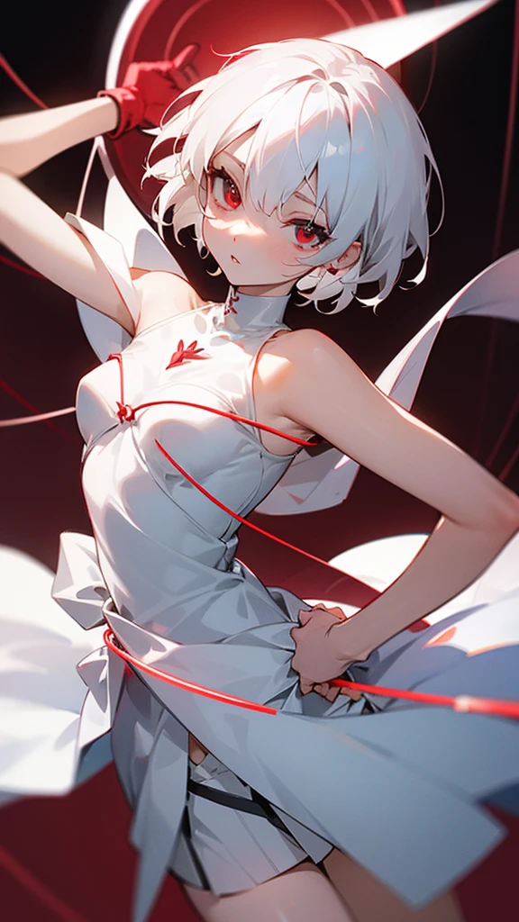 Red eyes white short hair white dress wrapped in barded wire