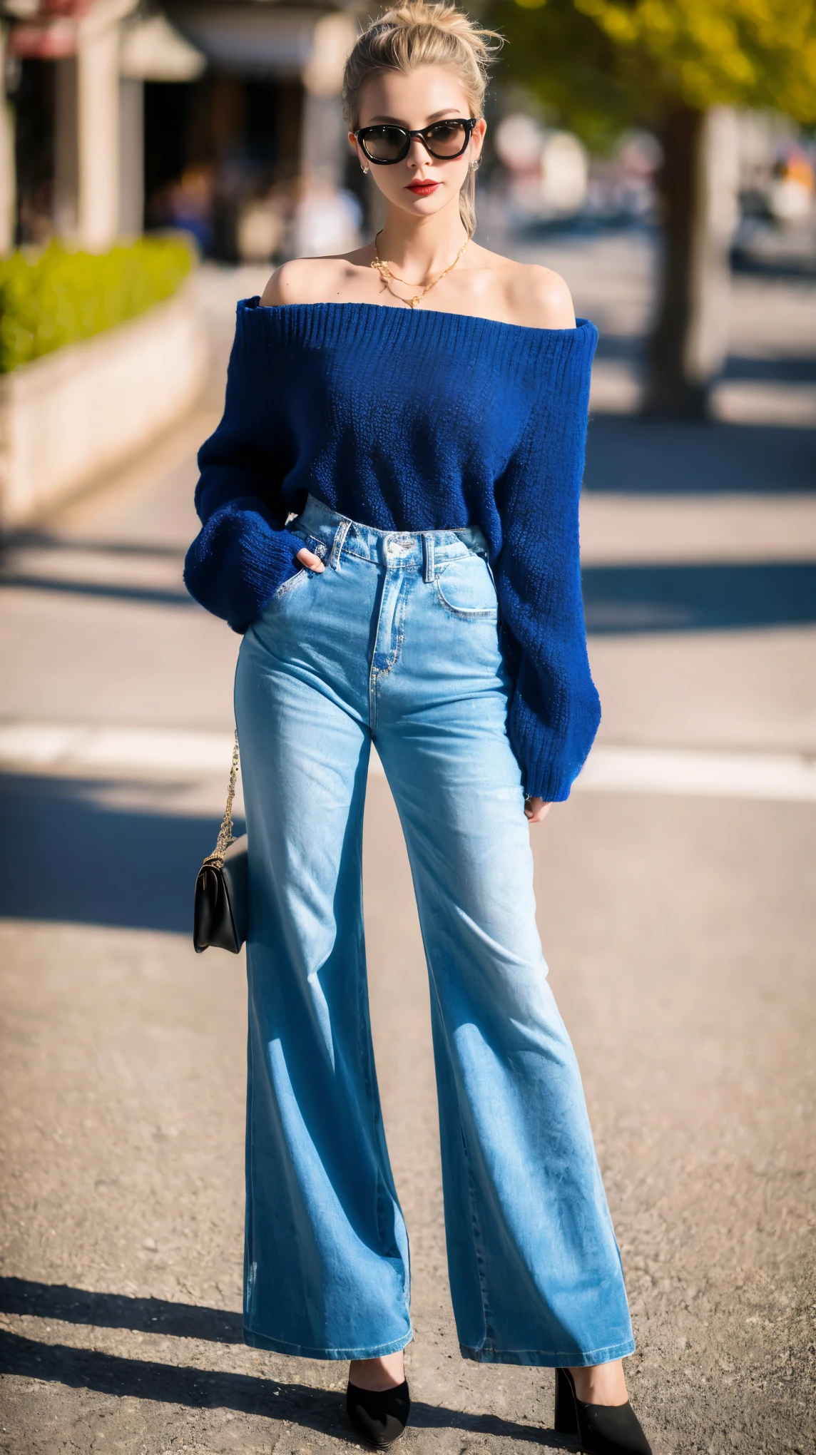 ((Highest quality, 8k, masterpiece:1.3、real:1.3))、Beautiful woman、snapshot:1.5、full body、sunglasses、fashion、Off the shoulder、Flared pants、real、In town、Background Blur