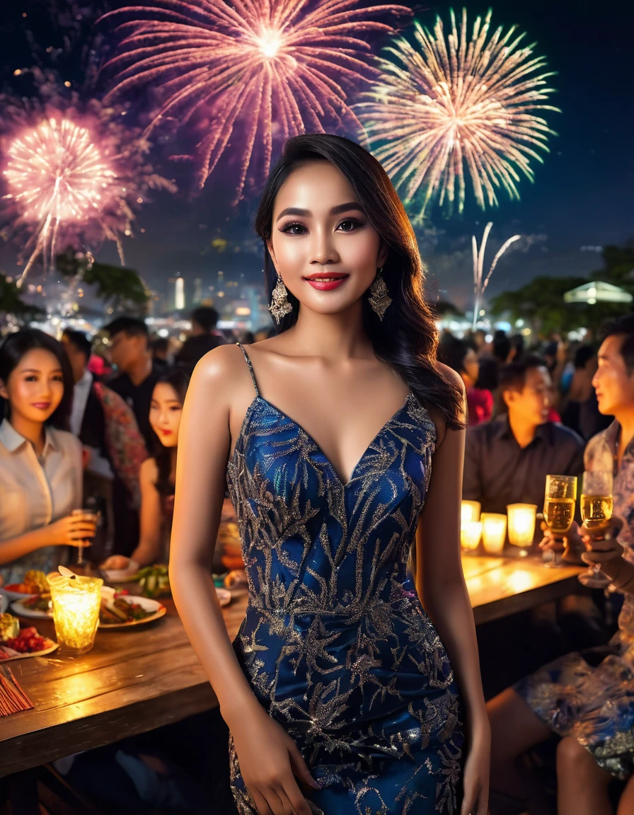 photo of beautiful Indonesian woman wearing a dress, in the middle of a busy night party, there are tables and drinks, there are fireworks in the sky, detailede gesig, realisties, detailed, not defective