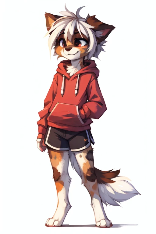 (((White background, no background, reference sheet))), High quality, 8K, by kenket, by swaybat, by reysi, by Zackary911, by hyattlen, by teranen, by fumiko, by Pixelsketcher, by Bayard Wu, by Einshelm, by Kilinah, by Hioshiru, by fluff-kevlar, by Dimwitdog, Furry, Anthro, solo, ((australian shepard)), ((female)), ((young)), fluffy tail, slender, ((short white hair)), chest fluff, short, erotic, small breasts, hoodie, track shorts, pony tail, cute, smug, university,