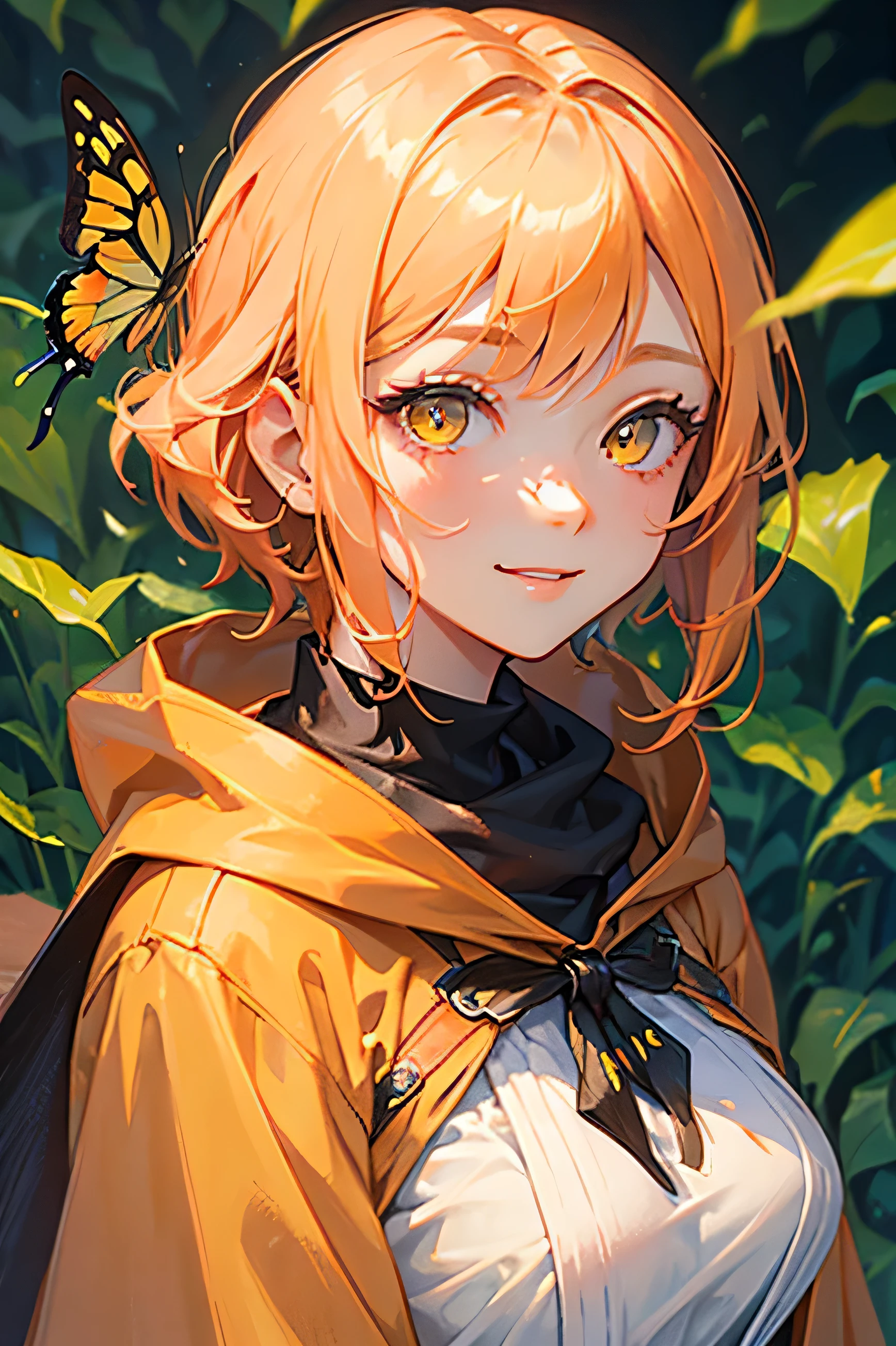 A beautiful adult woman wearing a cloak、Orange short hair and yellow eyes、Strong smile、Face close-up、A swallowtail butterfly lands on my shoulder