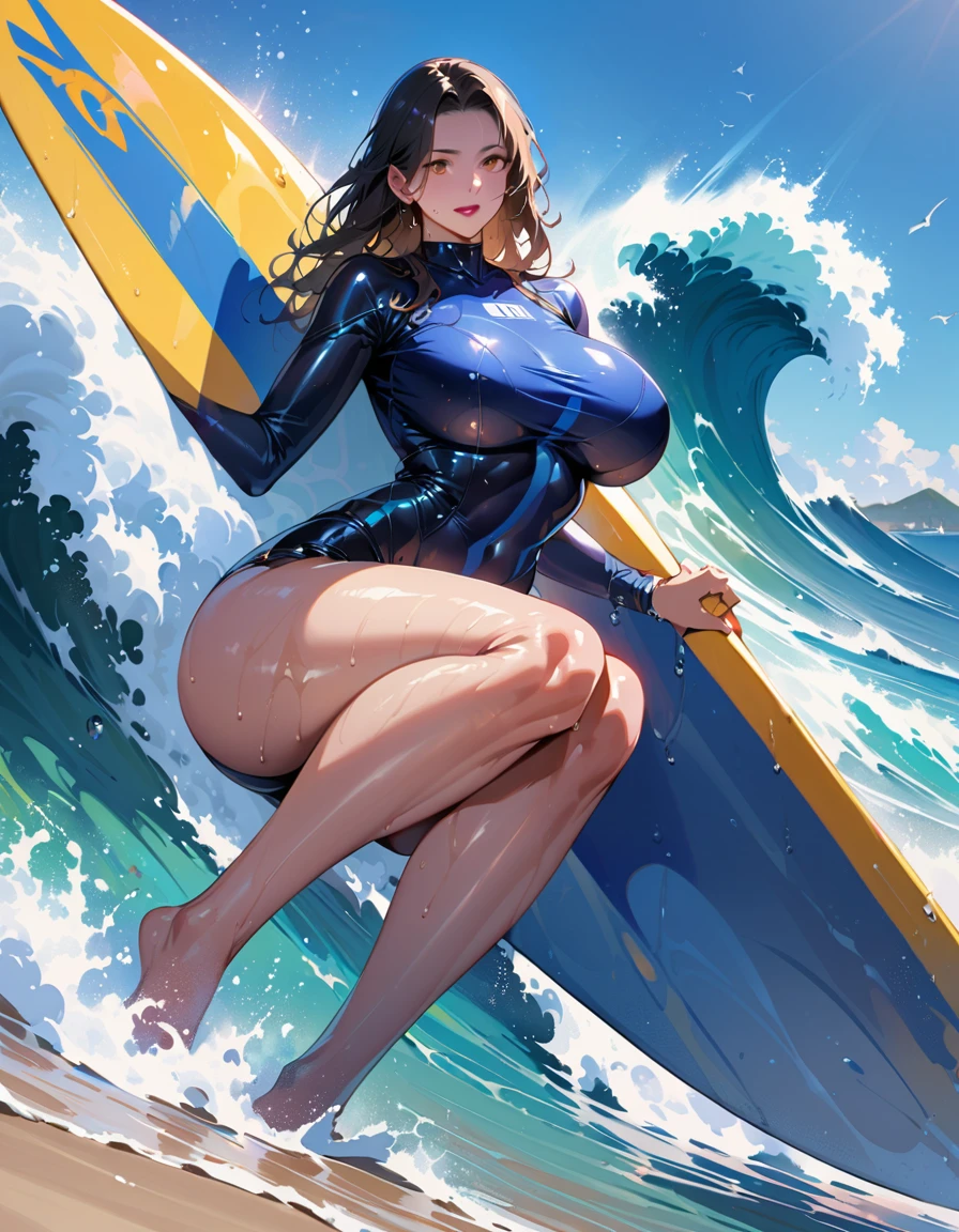 Mature beautiful woman,(Highest quality,Extremely detailed depiction,Incredibly absurd high resolution,Anatomically accurate depiction,Curvy Legs),(Glowing Skin,Shiny skin,Oilskin,Wet body),Surfer on a surfboard,wetsuit,latex,surfing,Large Breasts,Glossy lipstick,Sweat,Ocean,background:Giant Wave