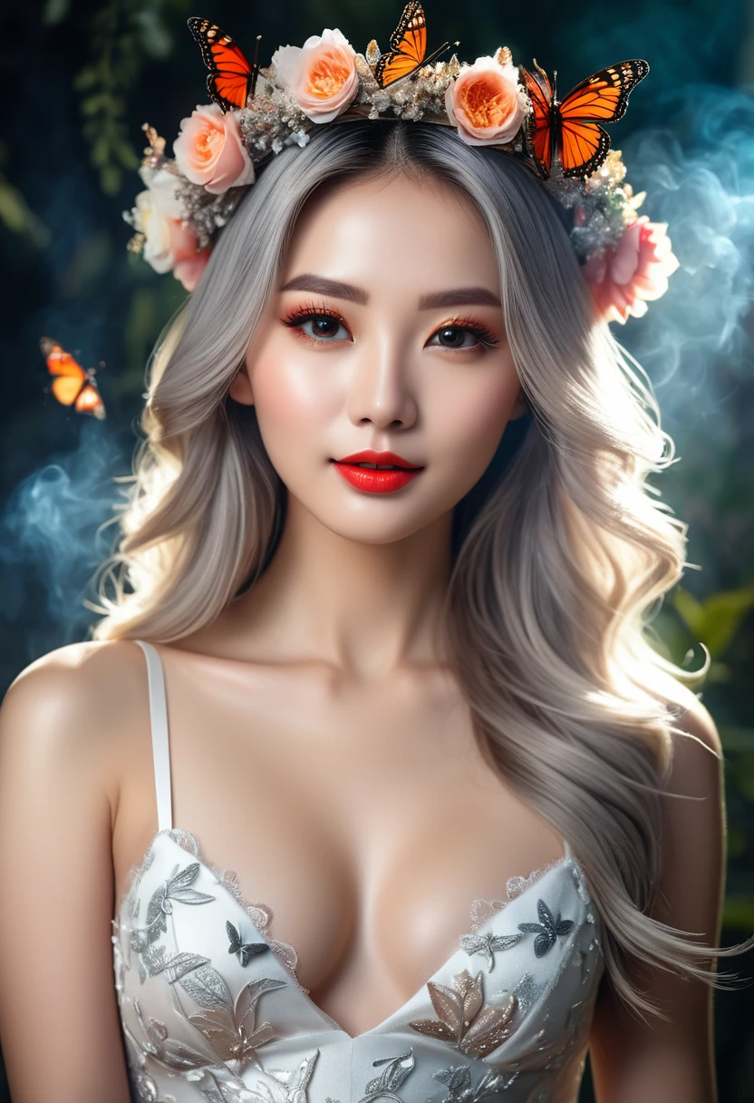 High quality work,Realistic works,Extremely premium graphics,8K HD working,High quality graphics,High-resolution and meticulous work,10x pixels,Very detailed details:1.1,Advanced technical details:1.1Realistic photo effects,light effectภายใน:1.5,Soft, natural light:1.5. light effect(light effectเสมือนจริง:1.8),Ultra high resolution,shining dress,long shiny hair,silver hair,seductive smile,Transparent Hair,Highly detailed hair(Quality hair details:1.1)clear eyes,Double eyelids look good.,Sharp eye makeup, Create beautiful eyelashes., Thin eyebrows, Highly detailed eyes,high nose, cute red lips, rosy cheeks, With delicate makeup on her face , beautiful face, The face shape is perfectly proportioned.,(Advanced facial details:1.1) nsfw masterpiece photography that captures the essence of a dream experienced by a stunning Caucasian woman., A perfectly detailed face., realistic pores, sharp eyes, (Slippery nipples), Exposed underwear, bridal flower crown,She was shrouded in smoke that transformed into surreal butterflies around her., in a dream, She finds herself in a magical landscape filled with bright colors and surreal elements., The atmosphere is dreamy and ethereal., with soft lighting illuminating the scene, Young women are seen as confident and glowing., Surrounded by symbols of her inspiration and inner strength., The overall mood of the image should create a sense of wonder., empowerment, and limitless possibilities, Complex lighting, Rim lights, (wind:1.3), ,professional pose,women's artwork,Full body dress ,realism,Amazing cleavage,Today my eyes are very bright.,