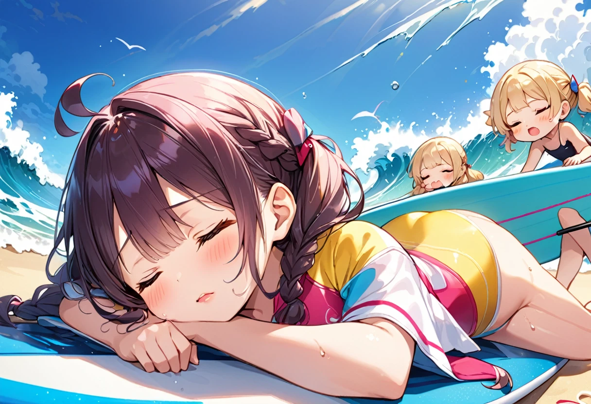 Highest quality、High resolution、Detailed Background、Beautiful face in every detail、Anatomically correct、Detailed facial expressions、fine grain、((full body, from below:1.2, side shot)), break ((One Girl:1.2)、(Chibi Girl:1.2))、Cute hair color、Big beautiful blue eyes、Fuller lips、Pink Lips、Braided twin tails、Ahoge、(surfer:1.2)、(Cute wetsuits、barefoot)、break (((Sleeping on a surfboard:1.2、Prone:1.2、Poke the cheek cane:1.2))、Sleeping with eyes closed:1.2)、Sweat、break (Big waves in the background、blue sky)
